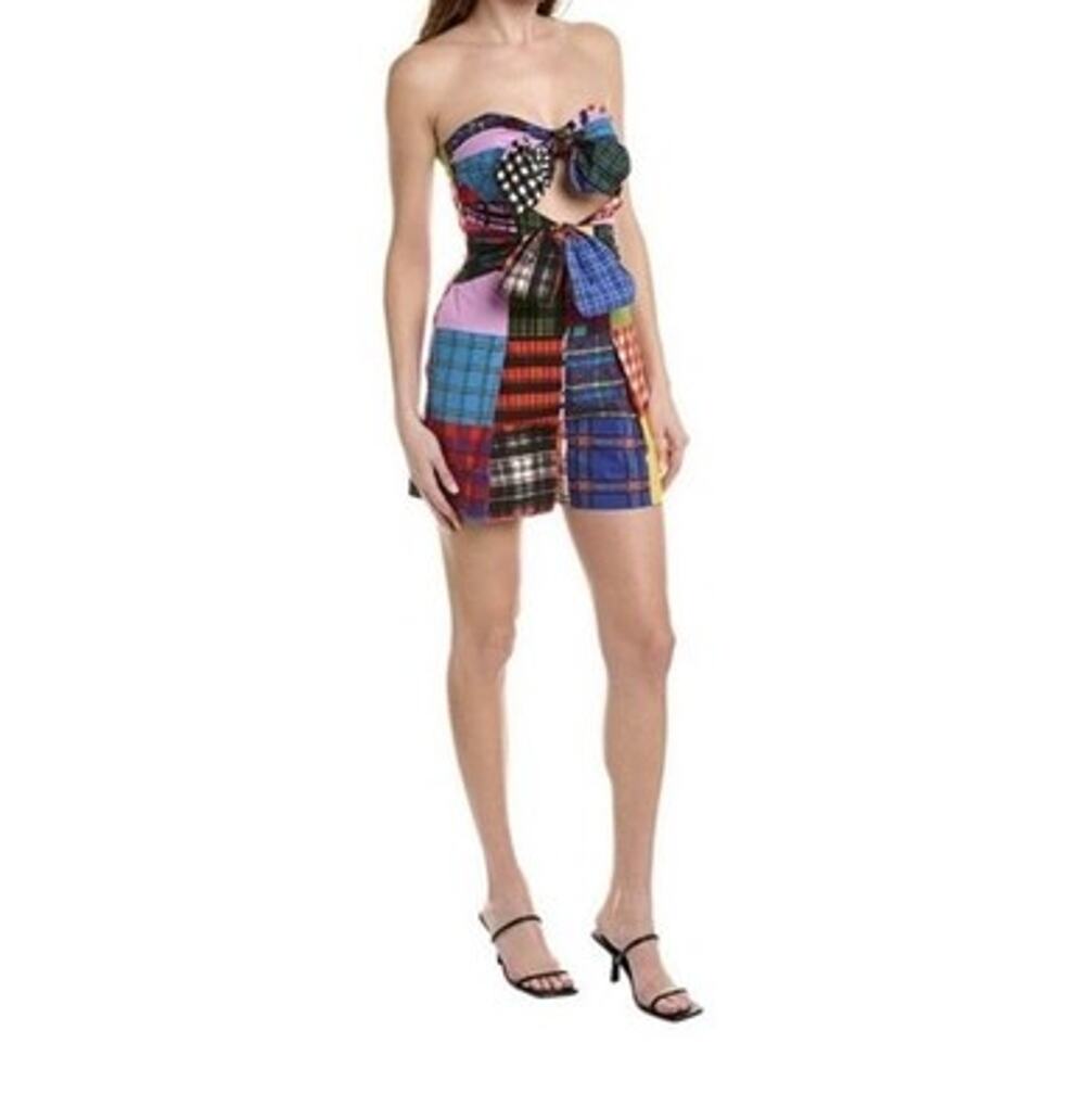 Oscar De La Renta Romper Womens 0 Multicolor Patchwork Plaid Strapless Bow